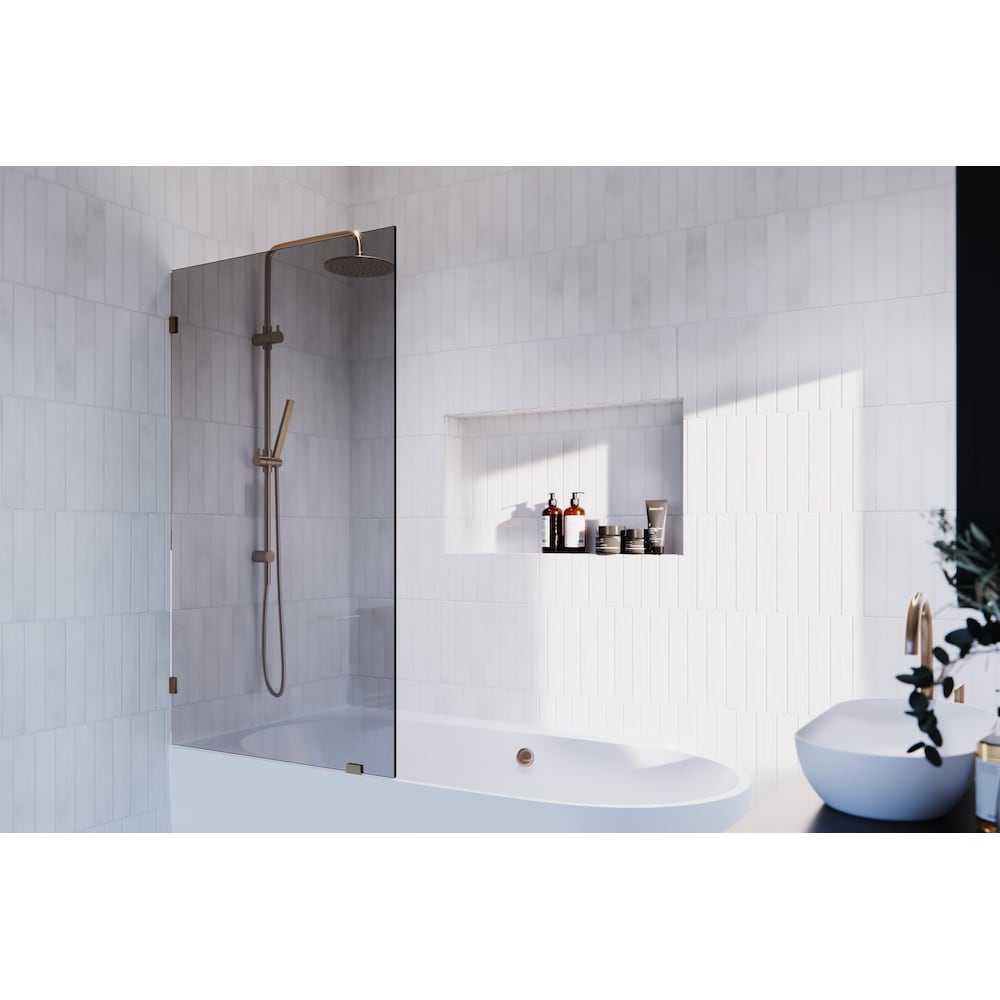 Porte de baignoire à panneau fixe simple Ursa de 34 po de largeur x 58,25 po de hauteur en bronze brossé avec verre teinté bronze