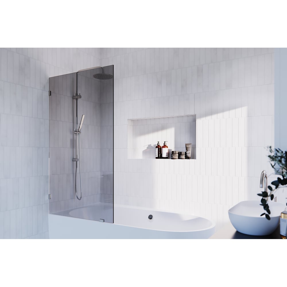 Porte de baignoire à panneau fixe simple Ursa de 34 po de largeur x 58,25 po de hauteur en nickel avec verre teinté gris