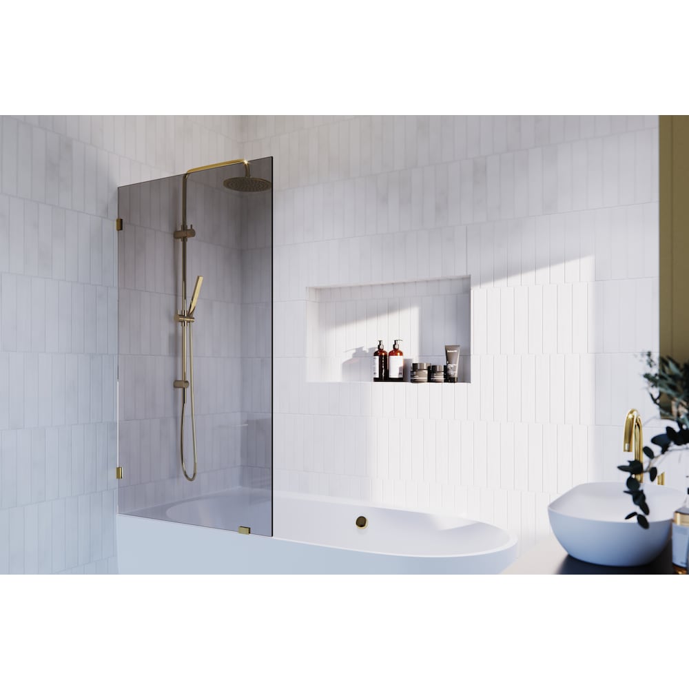 Porte de baignoire à panneau fixe simple Ursa de 34 po de largeur x 58,25 po de hauteur en laiton avec verre teinté gris