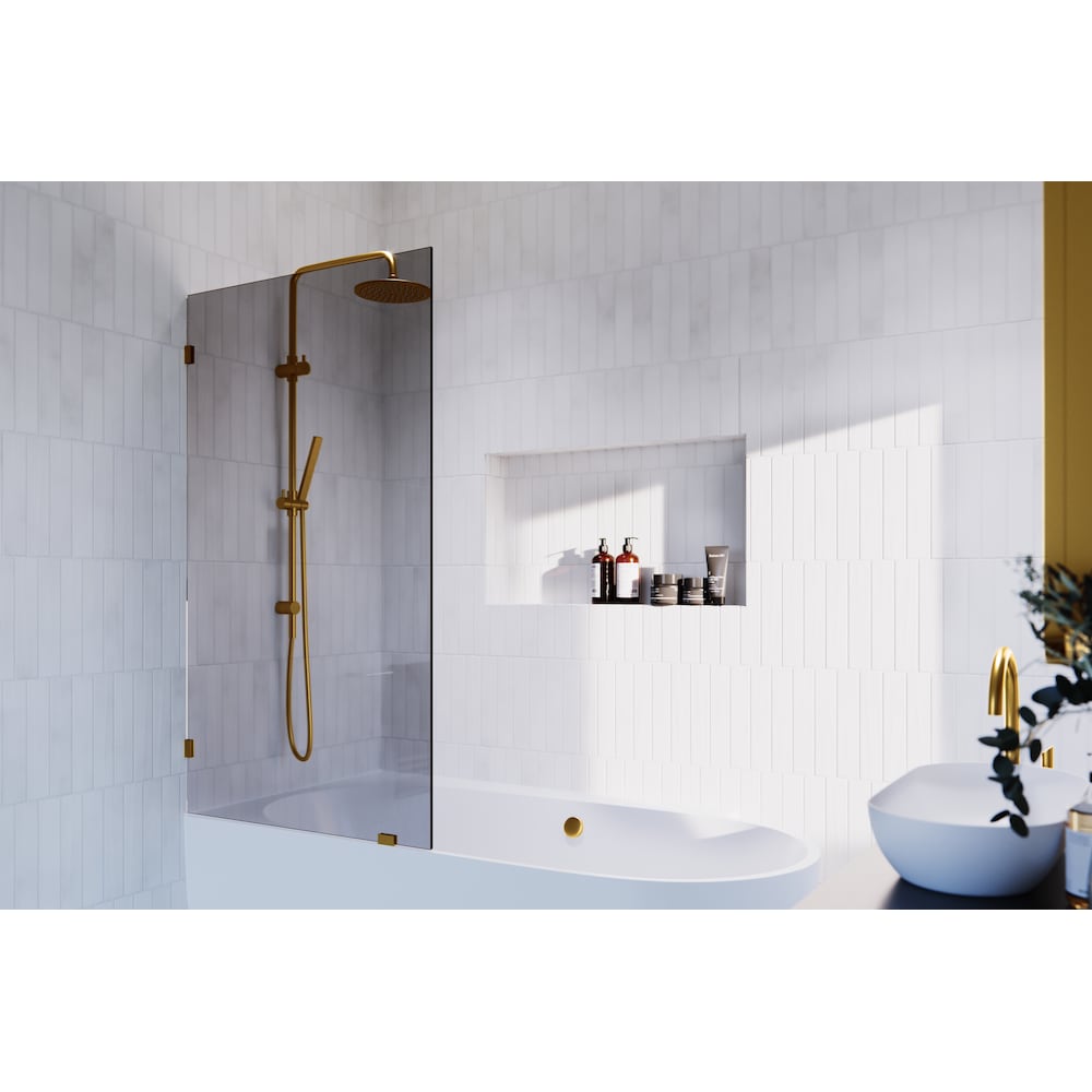 Porte de baignoire à panneau fixe simple Ursa de 34 po de largeur x 58,25 po de hauteur en laiton satiné avec verre teinté gris