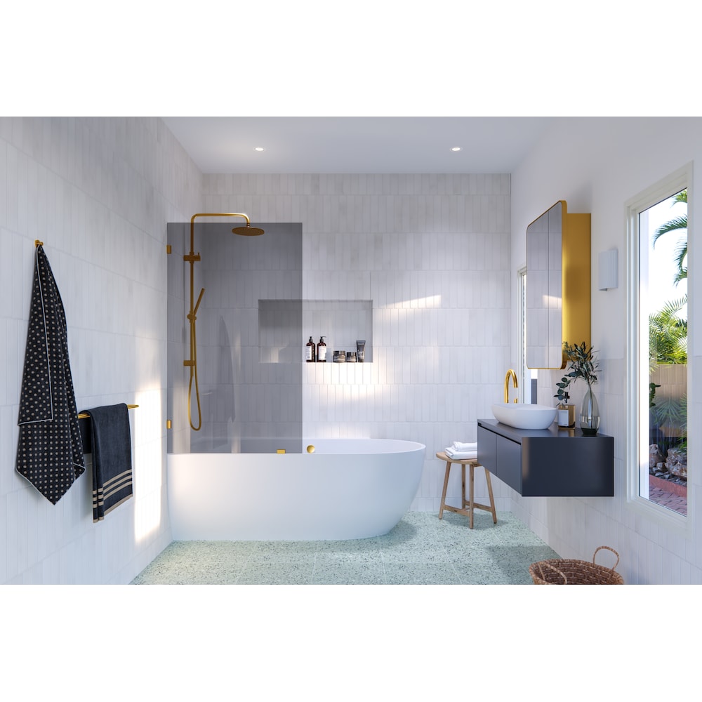 Porte de baignoire à panneau fixe simple Ursa de 34 po de largeur x 58,25 po de hauteur en laiton satiné avec verre teinté gris
