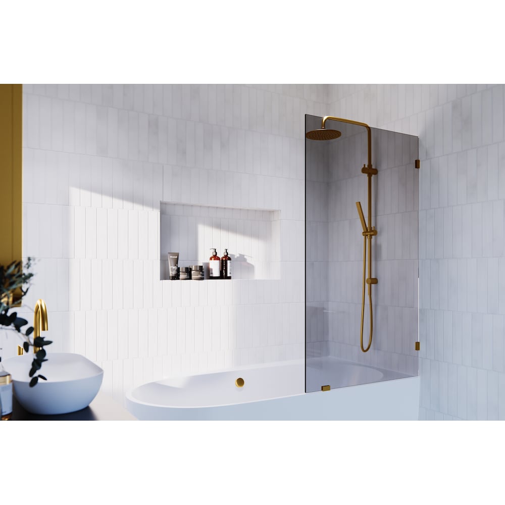 Porte de baignoire à panneau fixe simple Ursa de 34 po de largeur x 58,25 po de hauteur en laiton satiné avec verre teinté gris
