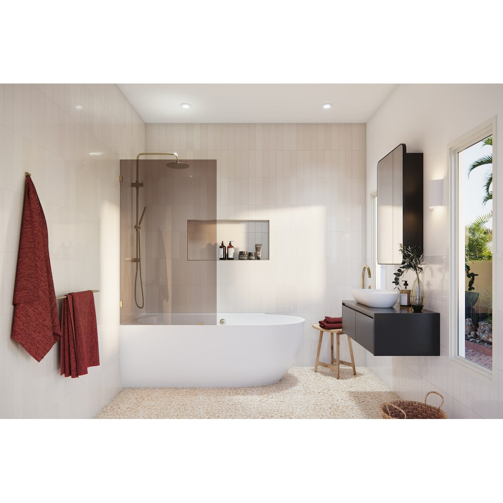 Porte de baignoire à panneau fixe simple Ursa de 34 po de largeur x 58,25 po de hauteur en bronze brossé avec verre teinté