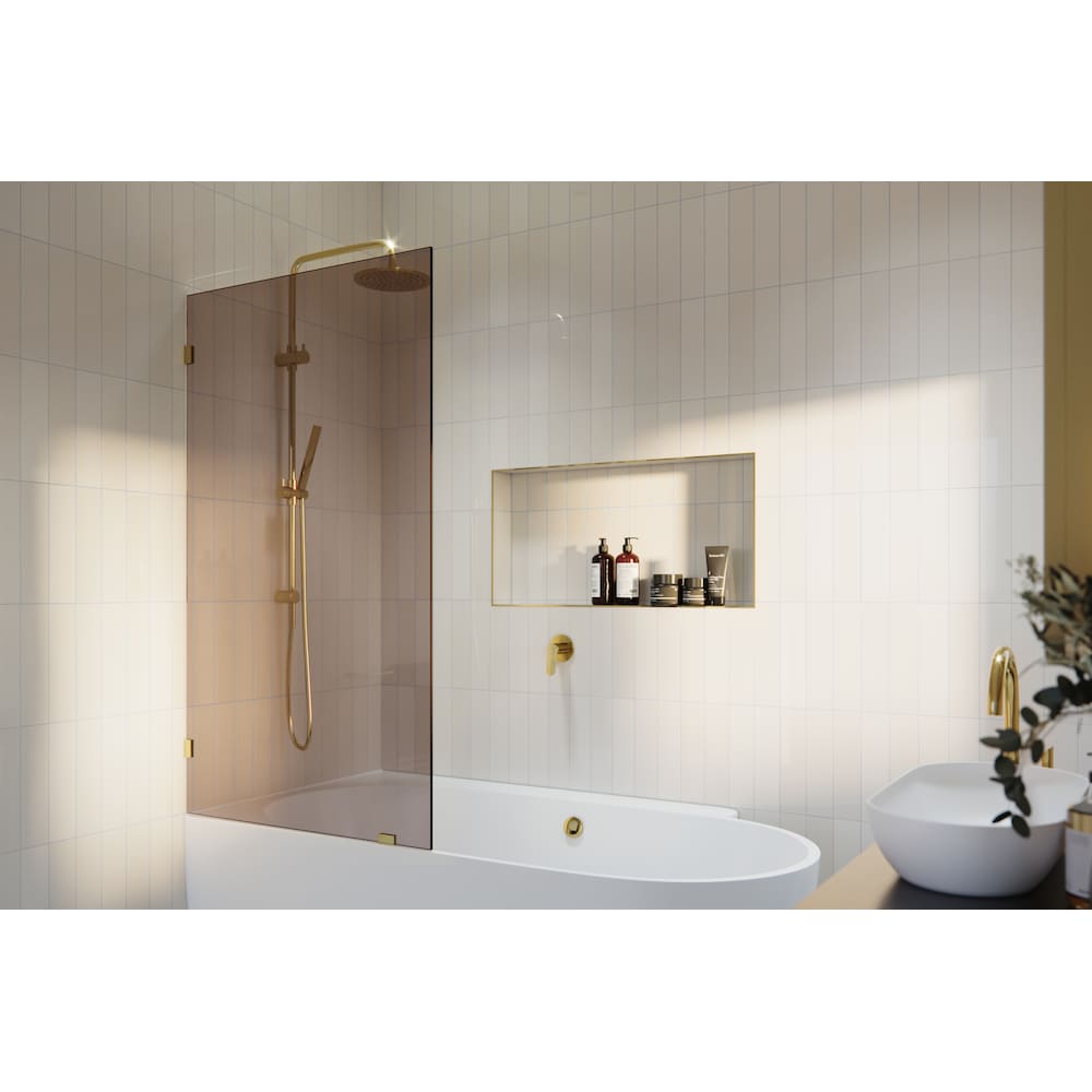 Porte de baignoire à panneau fixe simple Ursa de 34 po de largeur x 58,25 po de hauteur en laiton poli avec verre teinté