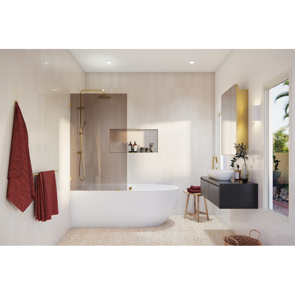 Porte de baignoire à panneau fixe simple Ursa de 34 po de largeur x 58,25 po de hauteur en laiton poli avec verre teinté