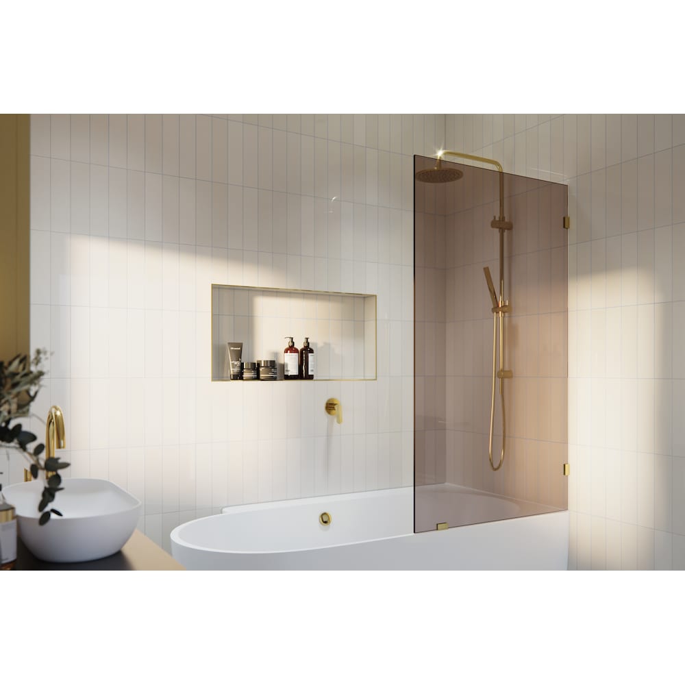 Porte de baignoire à panneau fixe simple Ursa de 34 po de largeur x 58,25 po de hauteur en laiton poli avec verre teinté