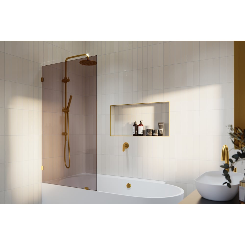 Porte de baignoire à panneau fixe simple Ursa de 34 po de largeur x 58,25 po de hauteur en laiton satiné avec verre teinté