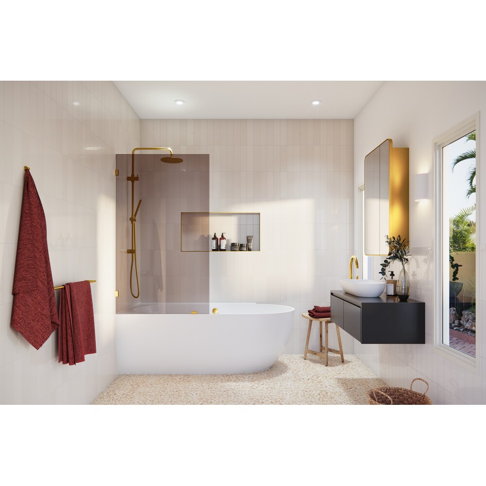 Porte de baignoire à panneau fixe simple Ursa de 34 po de largeur x 58,25 po de hauteur en laiton satiné avec verre teinté