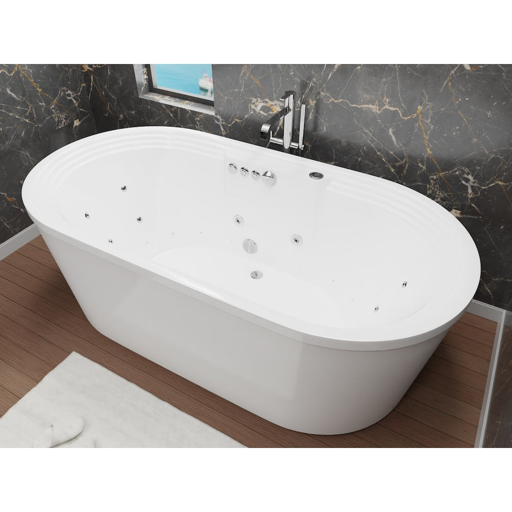 Baignoire à remous et à air autoportante en acrylique Sofi de 67,37 pouces avec drain central en blanc