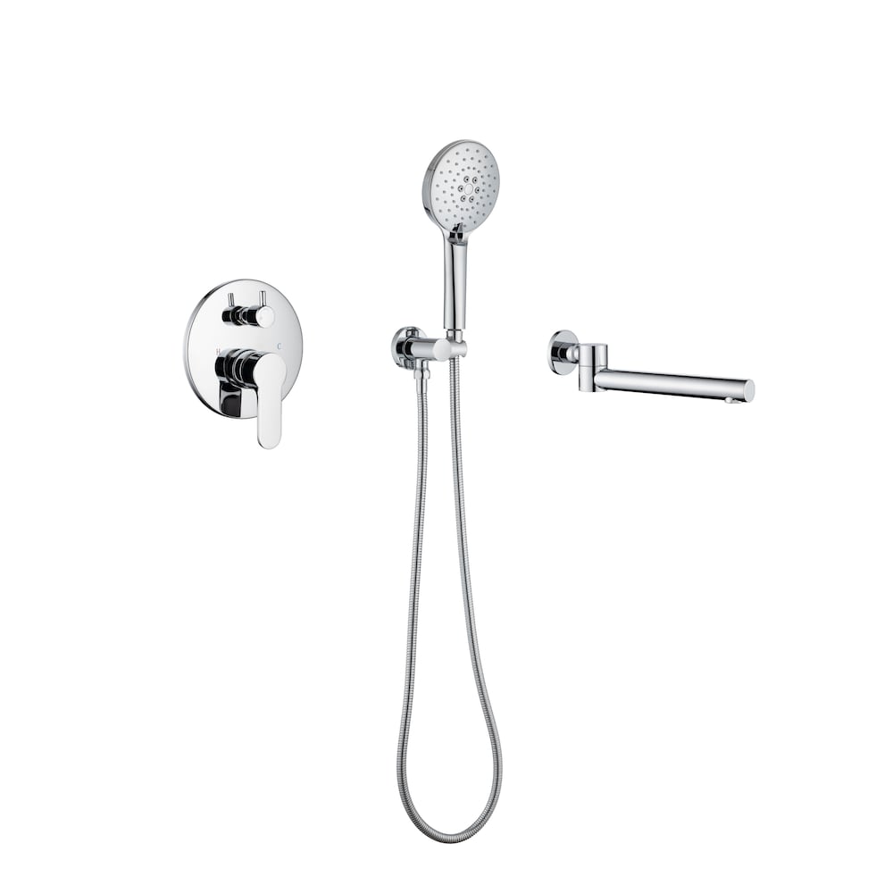 Robinet de baignoire romaine à poignée unique avec bec pivotant et valve brute en chrome