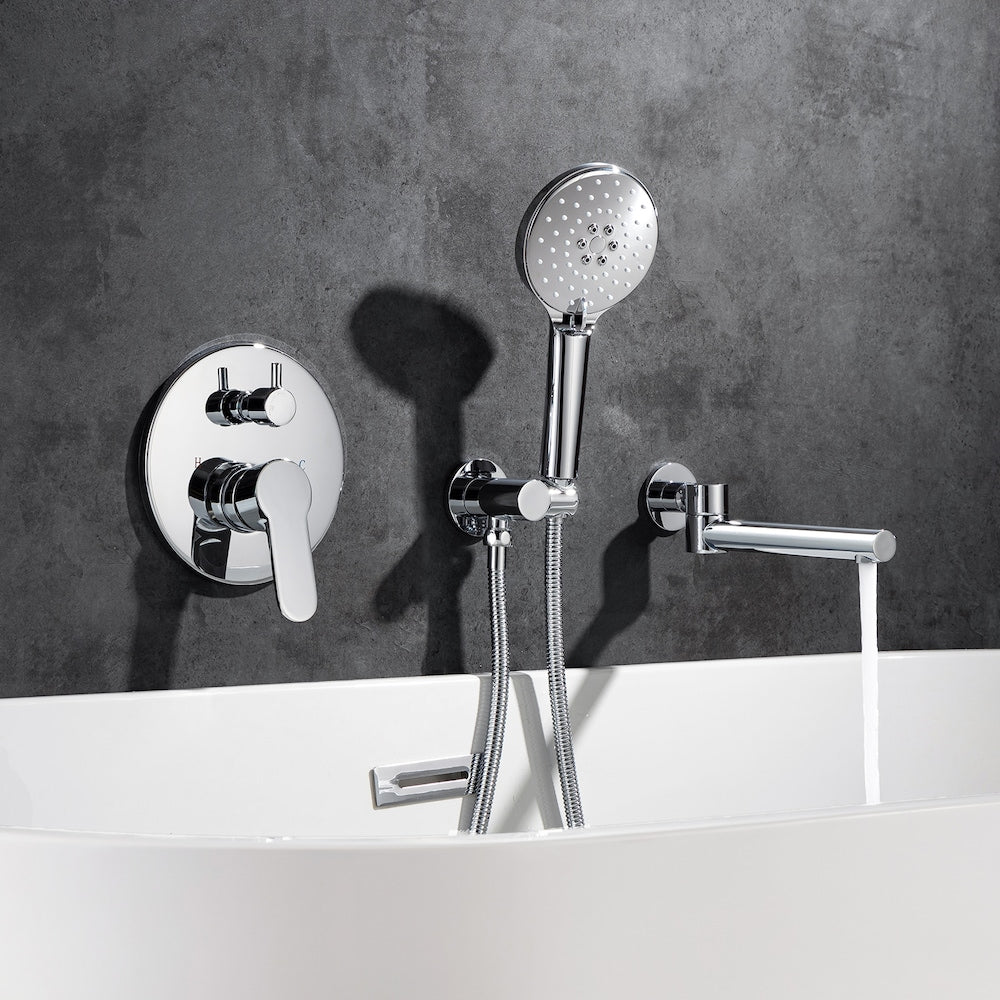 Robinet de baignoire romaine à poignée unique avec bec pivotant et valve brute en chrome