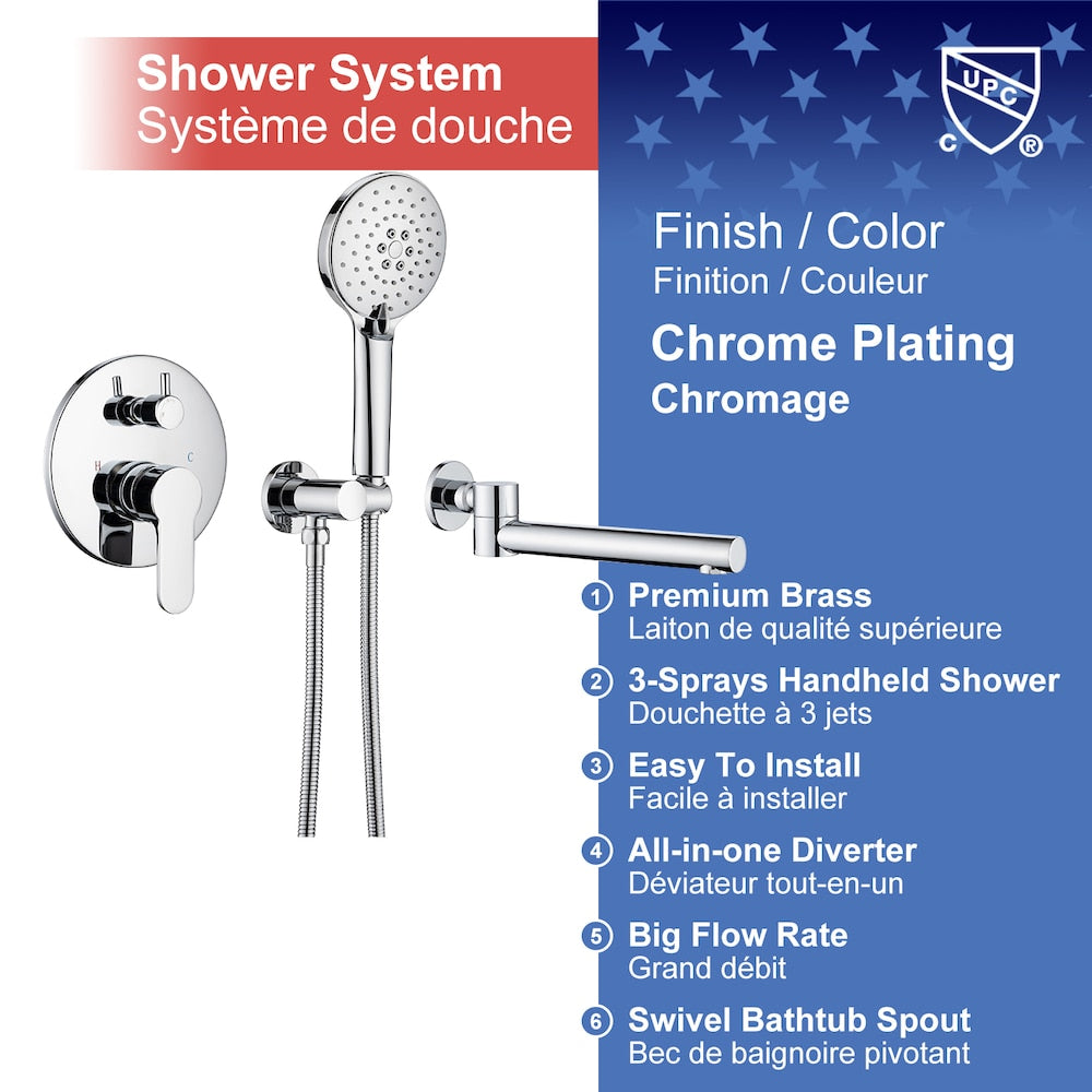 Robinet de baignoire romaine à poignée unique avec bec pivotant et valve brute en chrome