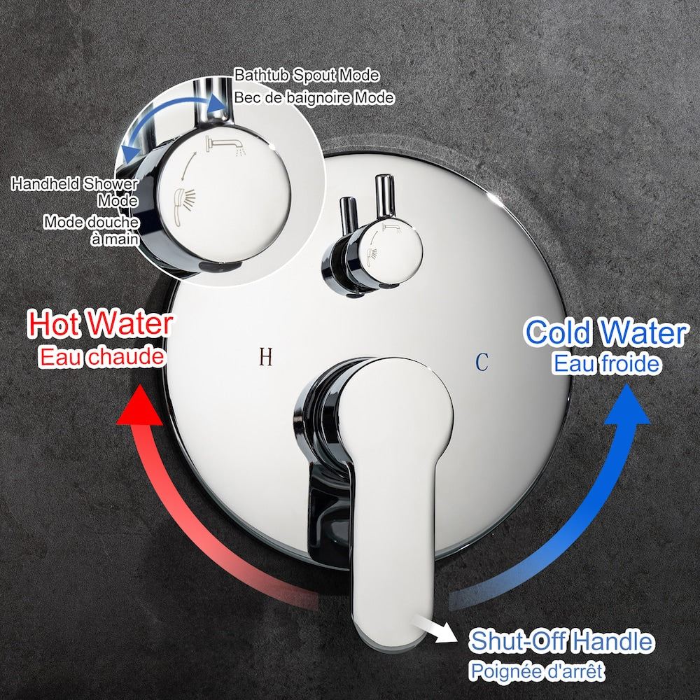 Robinet de baignoire romaine à poignée unique avec bec pivotant et valve brute en chrome