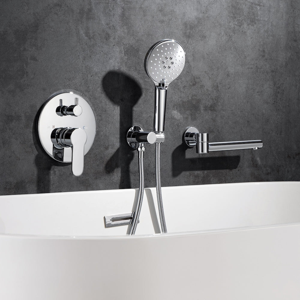 Robinet de baignoire romaine à poignée unique avec bec pivotant et valve brute en chrome
