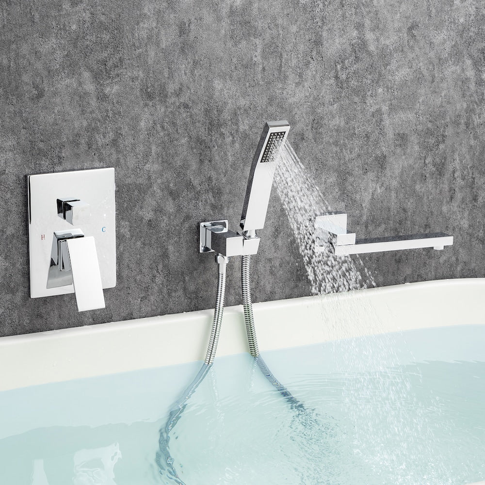 Robinet de baignoire romaine à poignée unique en chrome avec bec pivotant et valve brute