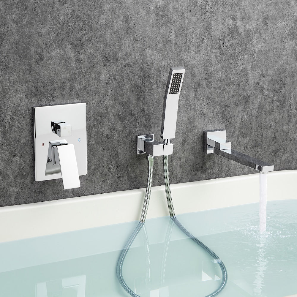Robinet de baignoire romaine à poignée unique en chrome avec bec pivotant et valve brute