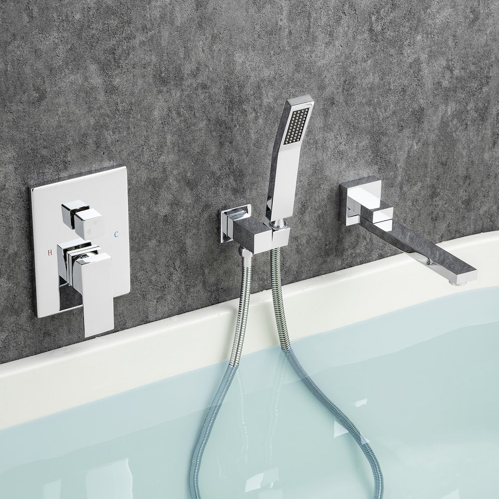 Robinet de baignoire romaine à poignée unique en chrome avec bec pivotant et valve brute