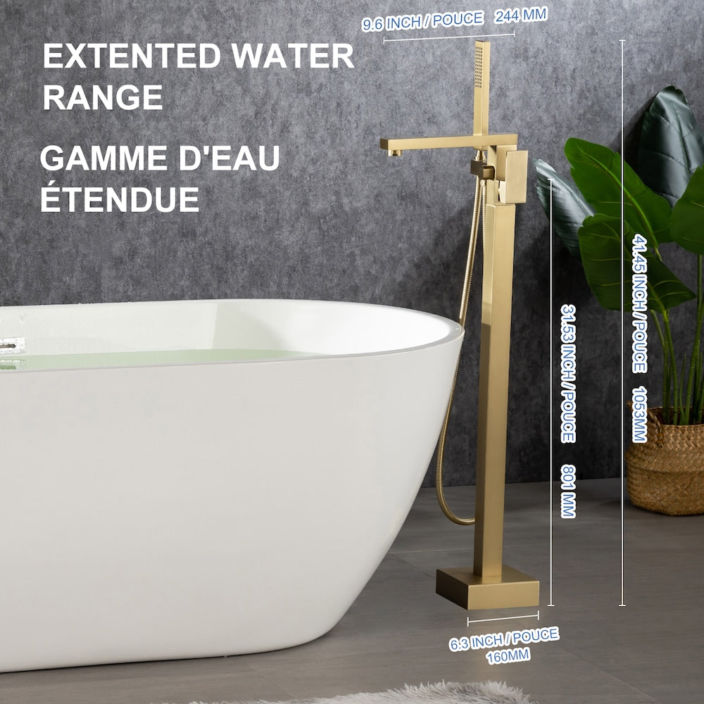 Robinet de baignoire sur pattes à 1 poignée monté au sol 8010LSJ avec inverseur et douchette à main en or brossé