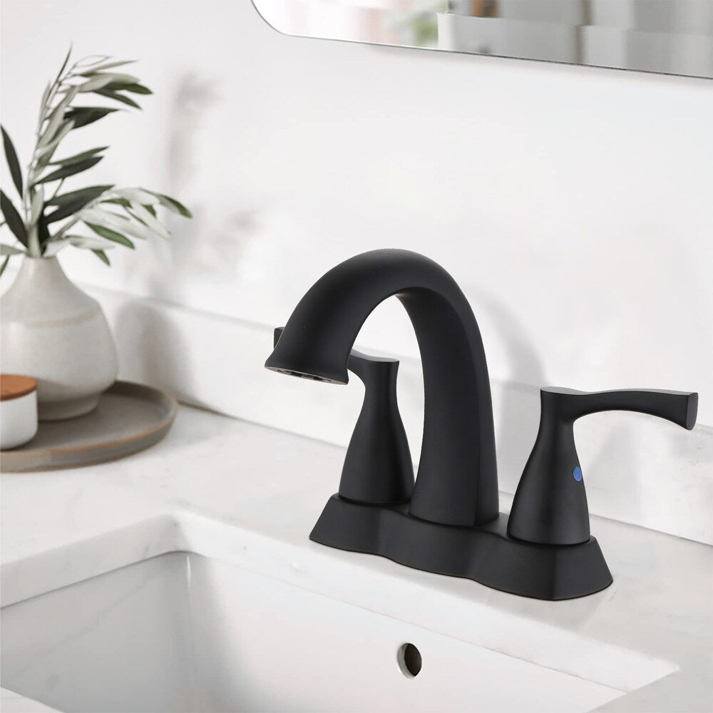 4 in. Centerset Double Handle Bathroom Faucet with Pop-up Drain in Matte Black