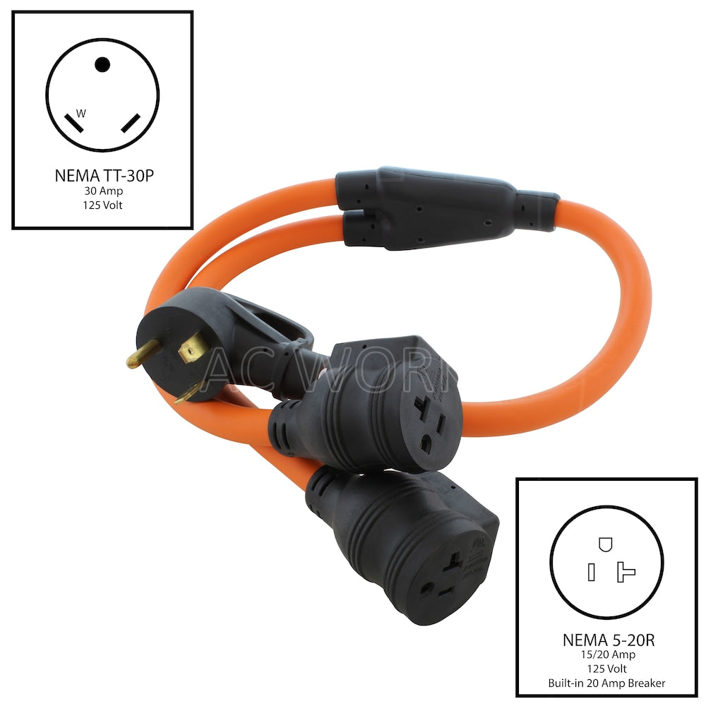 3ft RV 30A TT-30P Plug to Two 5-20R 15/ 20A Household Outlets With 20A Breakers