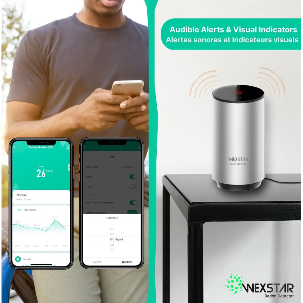 Détecteur de radon intelligent Bq/M3 Connexion à l'application mobile WiFi, surveillance à court/long terme, alerte sonore/lumineuse