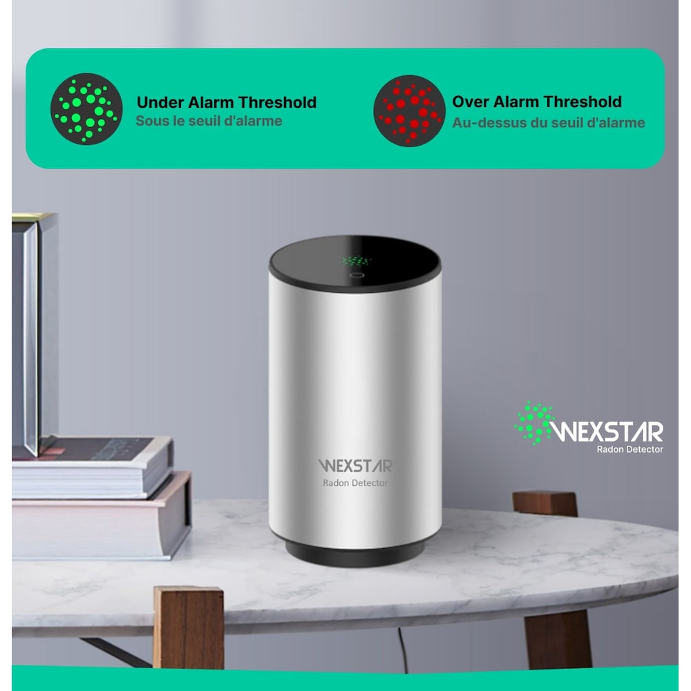 Détecteur de radon intelligent Bq/M3 Connexion à l'application mobile WiFi, surveillance à court/long terme, alerte sonore/lumineuse