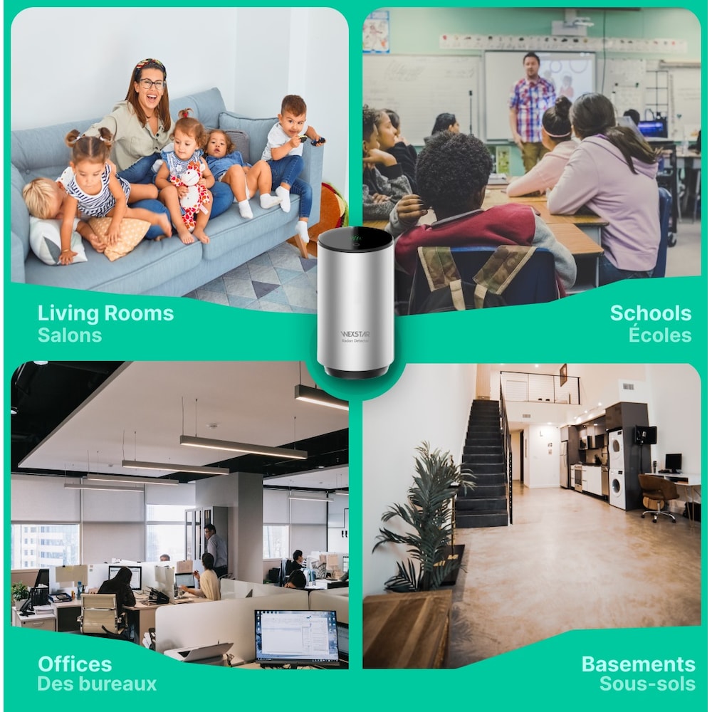 Détecteur de radon intelligent Bq/M3 Connexion à l'application mobile WiFi, surveillance à court/long terme, alerte sonore/lumineuse