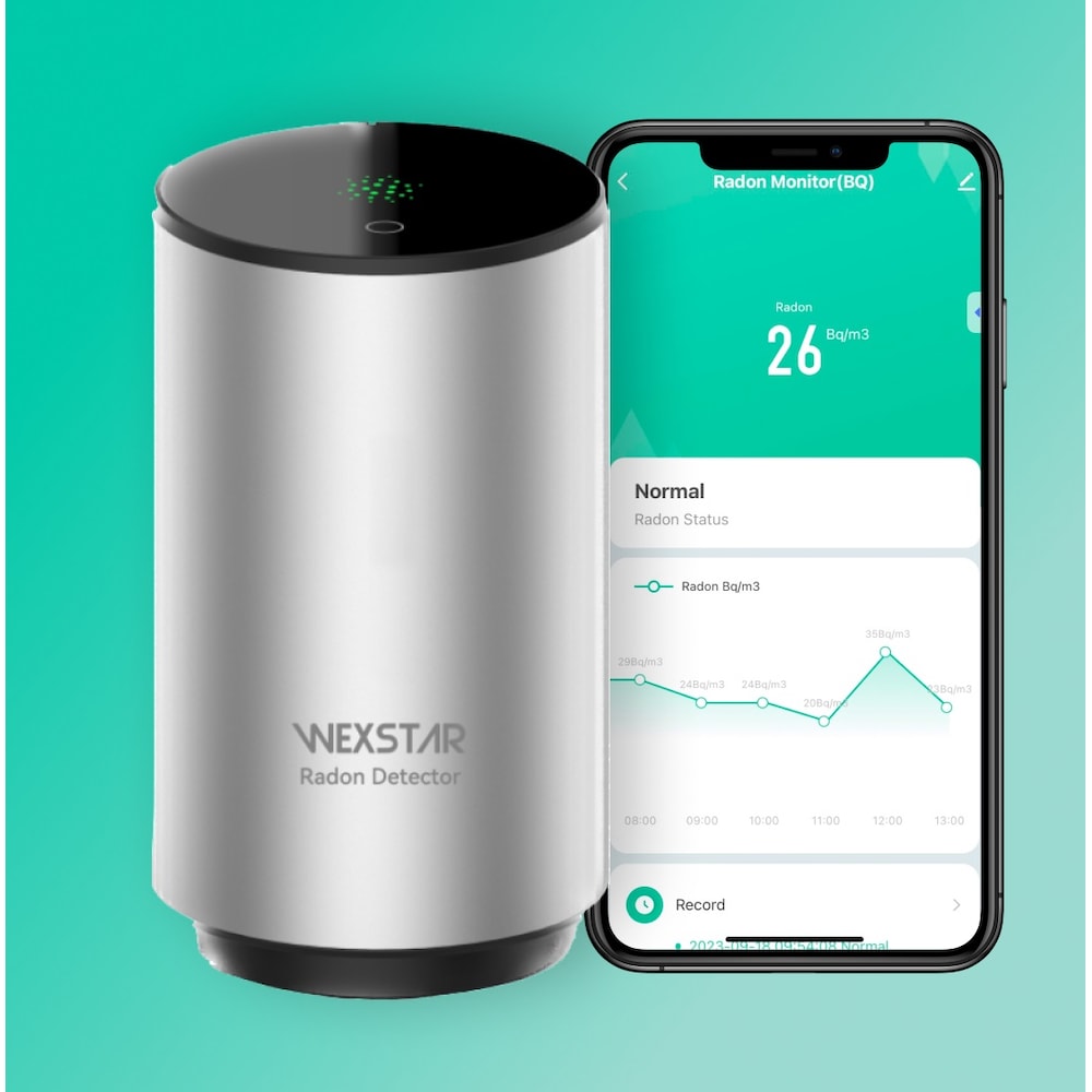 Détecteur de radon intelligent Bq/M3 Connexion à l'application mobile WiFi, surveillance à court/long terme, alerte sonore/lumineuse