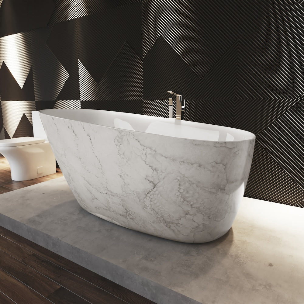 TERNI 59 inch x 29 inch Freestanding Oval Acrylic Bathtub with Off-Set Drain in Marble Finish