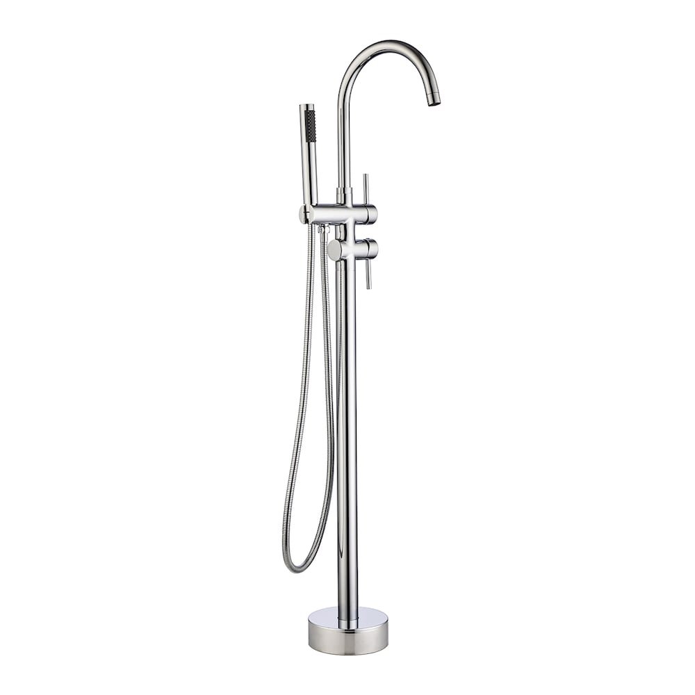 Robinet de remplissage de baignoire à double poignée fixé au sol avec inverseur et douchette en chrome