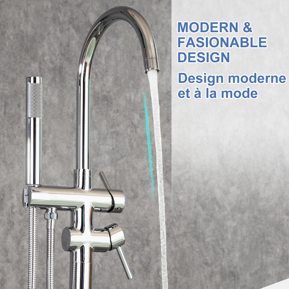 Robinet de remplissage de baignoire à double poignée fixé au sol avec inverseur et douchette en chrome