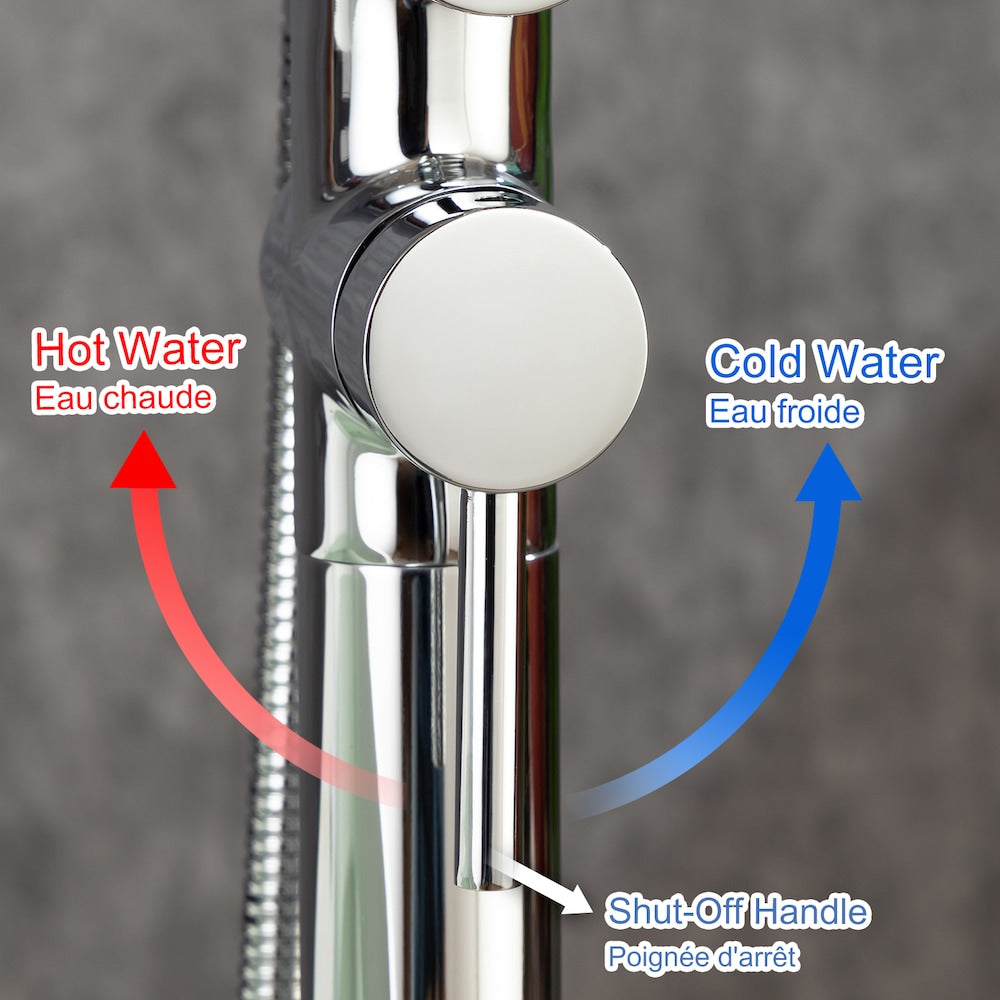 Robinet de remplissage de baignoire à double poignée fixé au sol avec inverseur et douchette en chrome