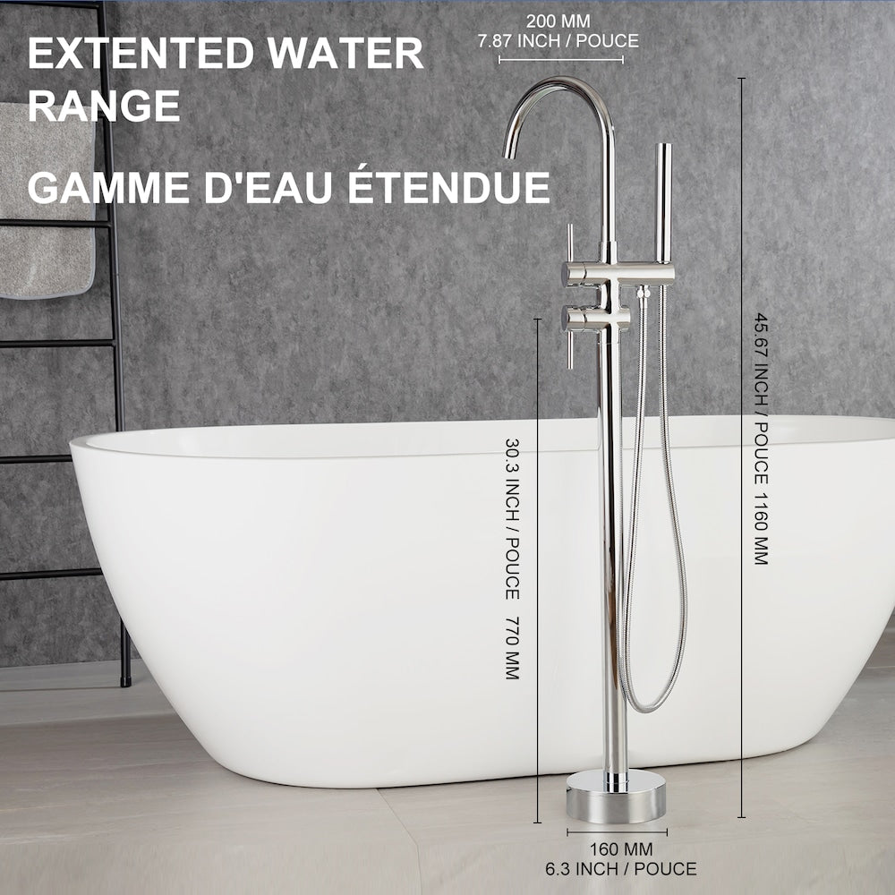 Robinet de remplissage de baignoire à double poignée fixé au sol avec inverseur et douchette en chrome