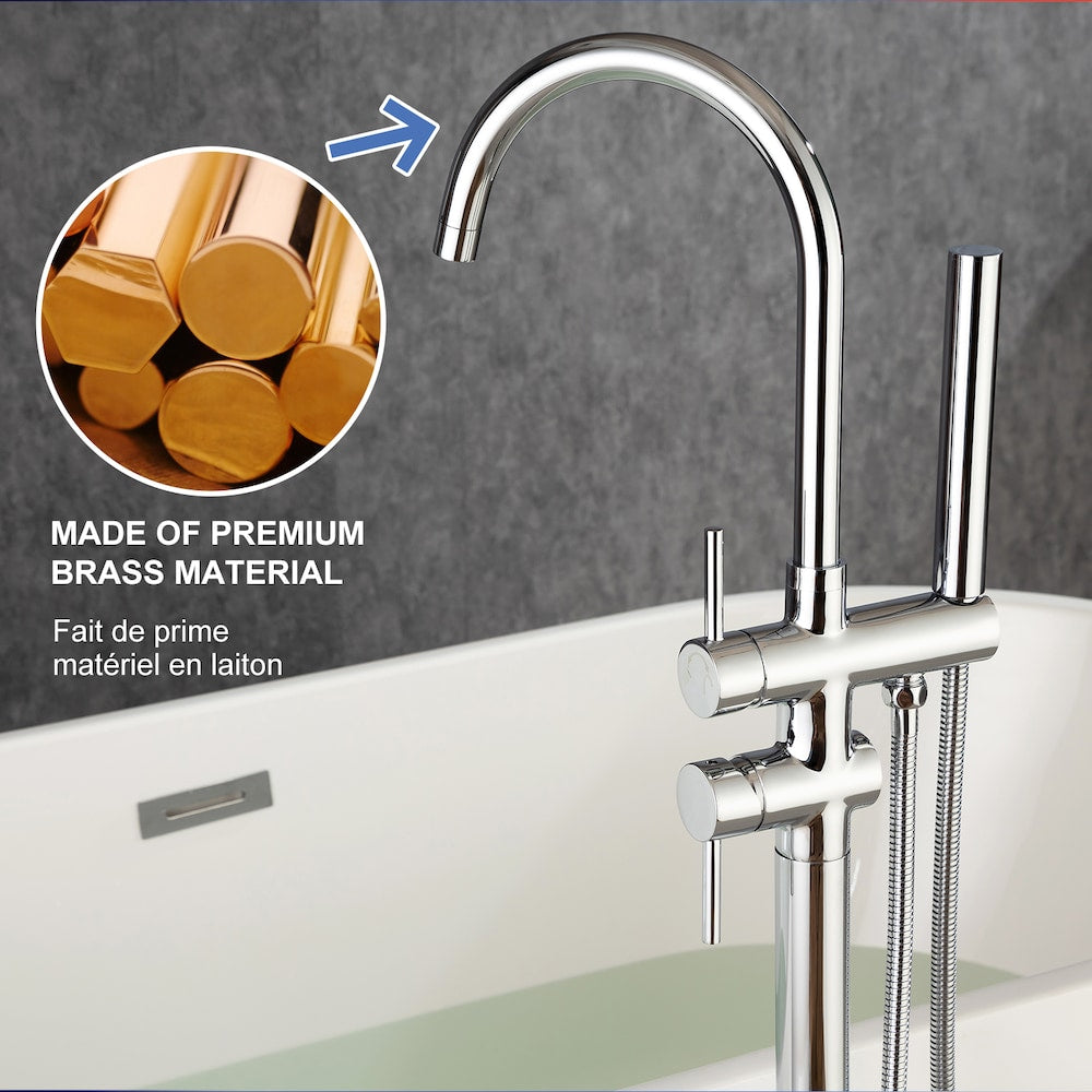 Robinet de remplissage de baignoire à double poignée fixé au sol avec inverseur et douchette en chrome