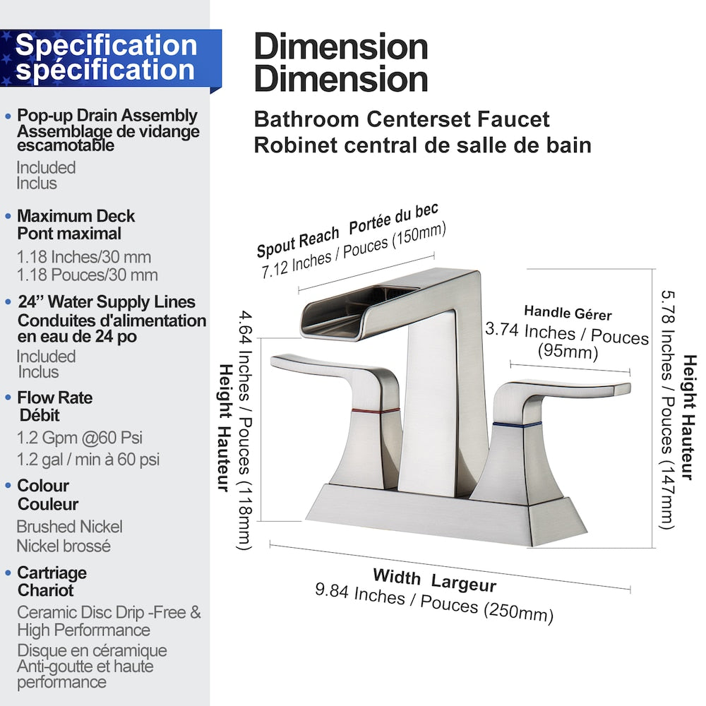 A2 Centerset Faucet 4-inch 2-Handle Bathroom Faucet with Drain Assembly in Brushed Nickel