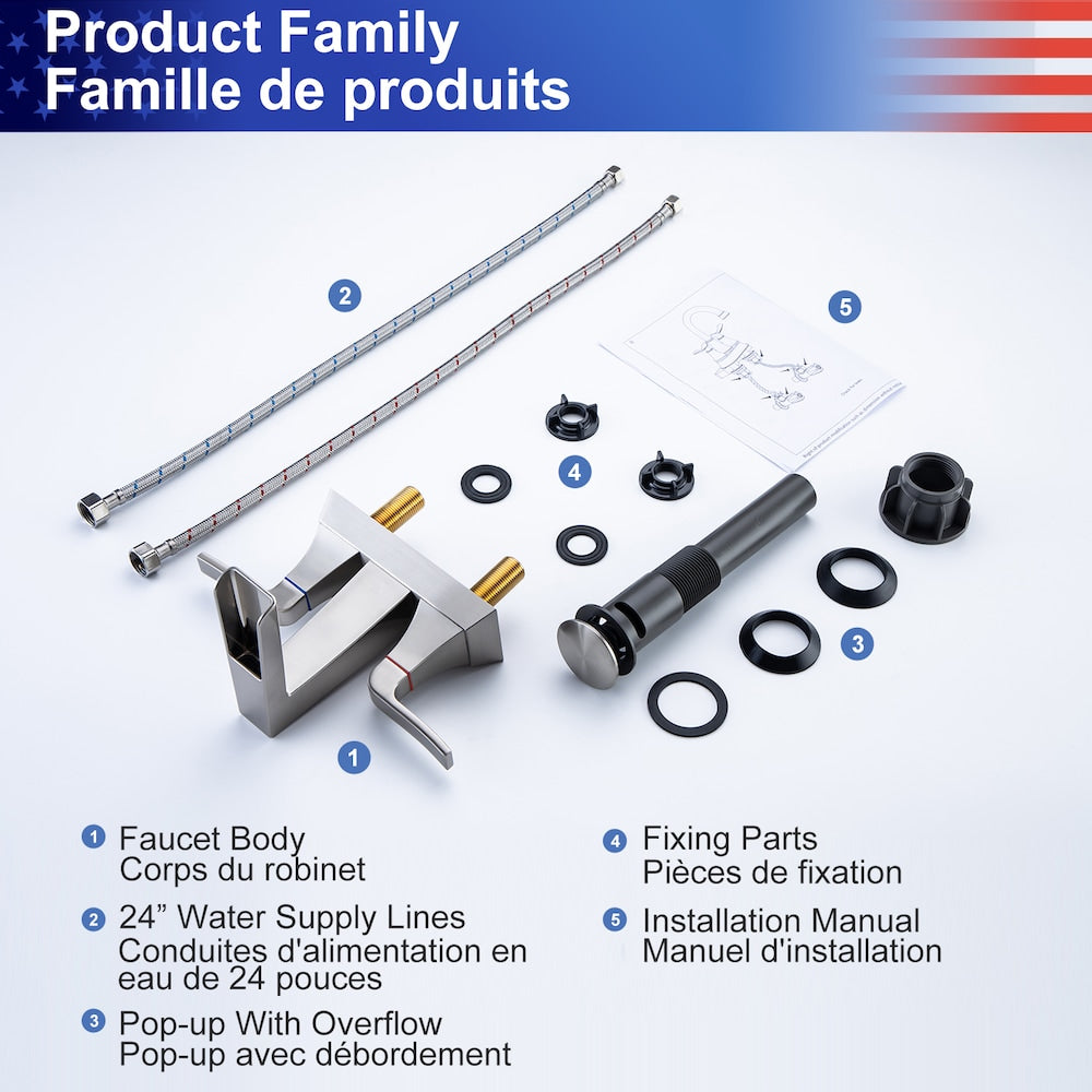 A2 Centerset Faucet 4-inch 2-Handle Bathroom Faucet with Drain Assembly in Brushed Nickel