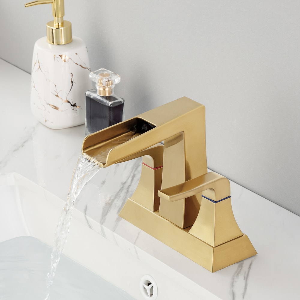 Robinet de salle de bain à 2 poignées de 4 pouces avec ensemble de vidange en or brossé A2 Centerset Faucet