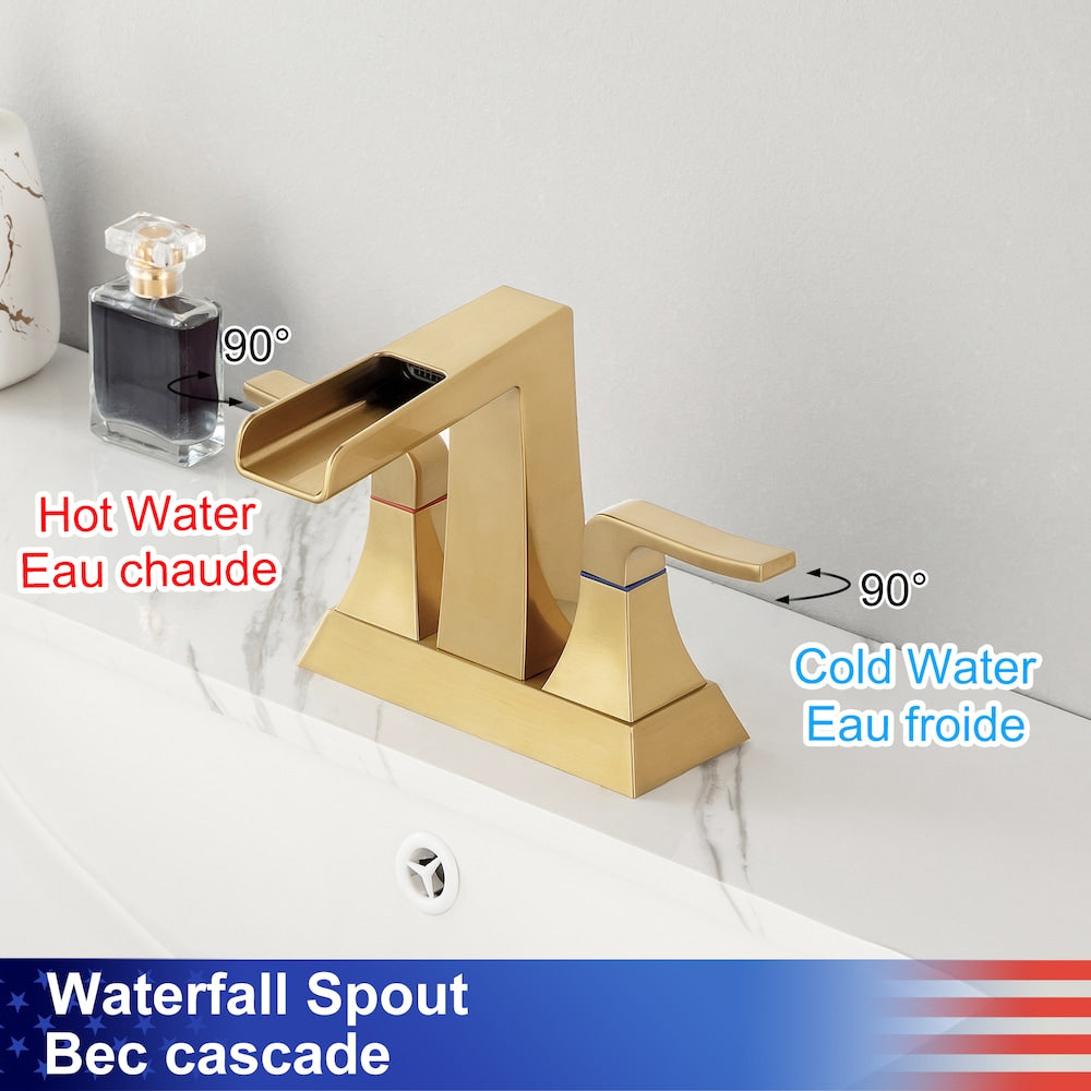 Robinet de salle de bain à 2 poignées de 4 pouces avec ensemble de vidange en or brossé A2 Centerset Faucet