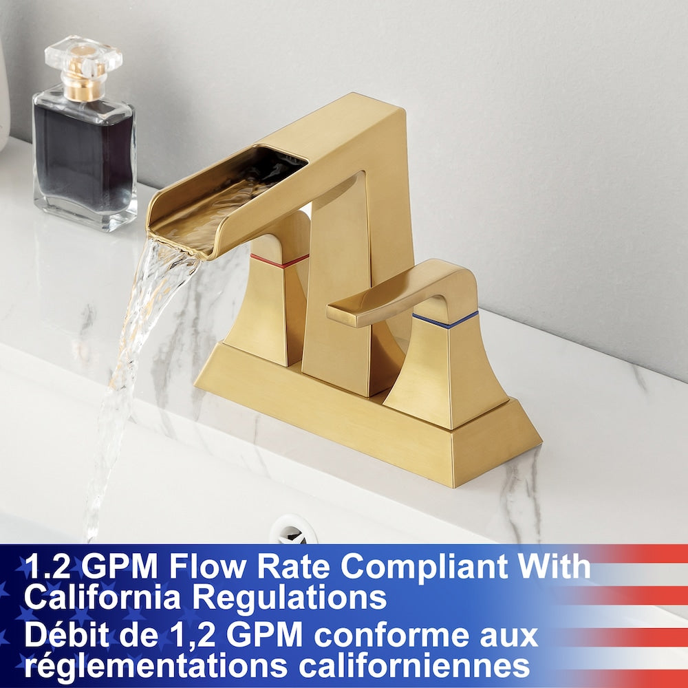 Robinet de salle de bain à 2 poignées de 4 pouces avec ensemble de vidange en or brossé A2 Centerset Faucet