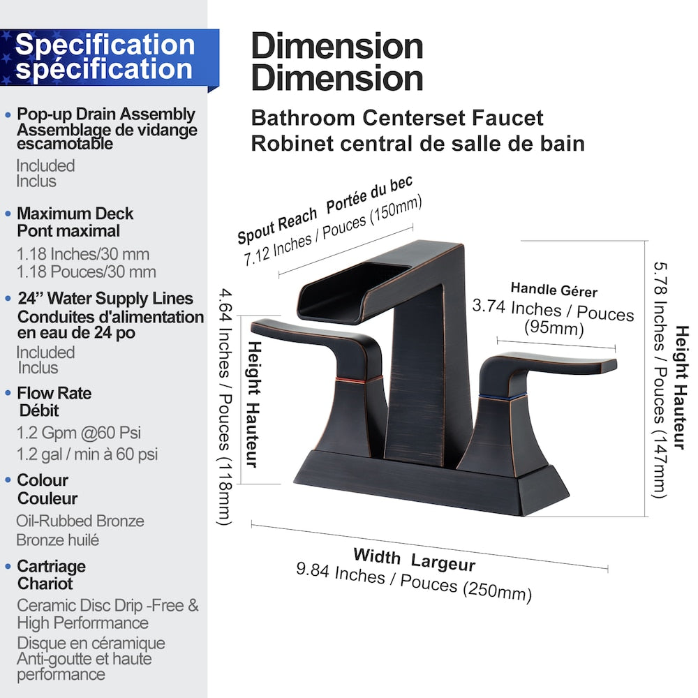 A2 Centerset Faucet 4-inch 2-Handle Bathroom Faucet with Drain Assembly in Oil Rubbed Bronze