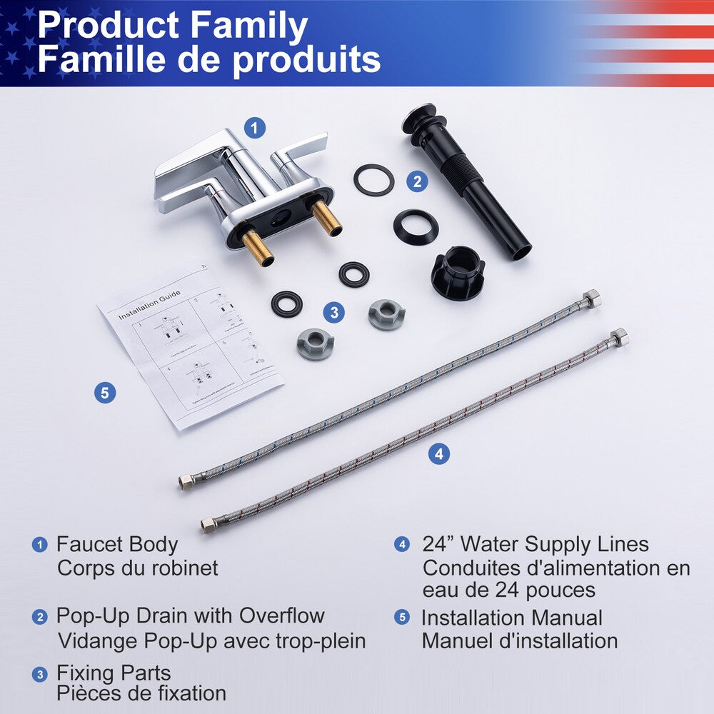 A5 Centerset Faucet 4-inch 2-Handle Bathroom Faucet with Drain Assembly in Chrome