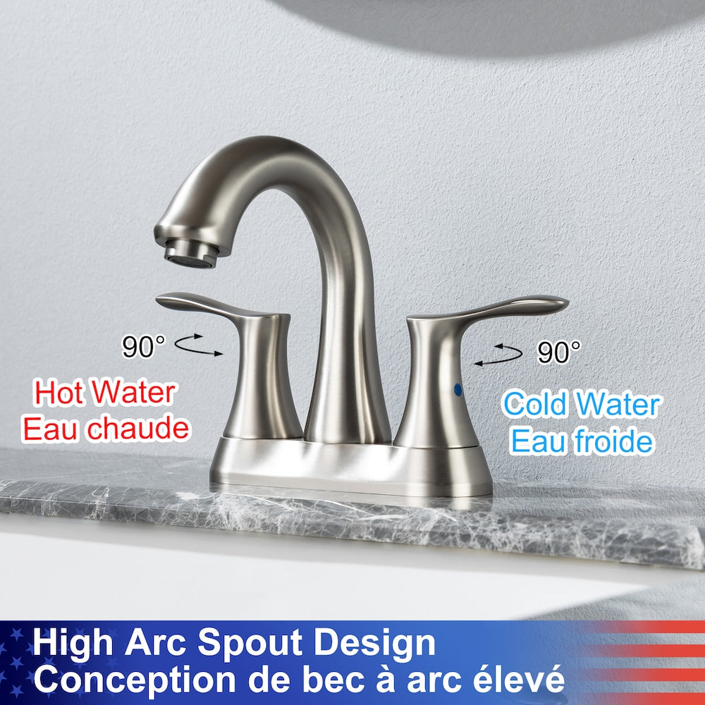 A7 Centerset Faucet 4-inch 2-Handle Bathroom Faucet with Drain Assembly in Brushed Nickel