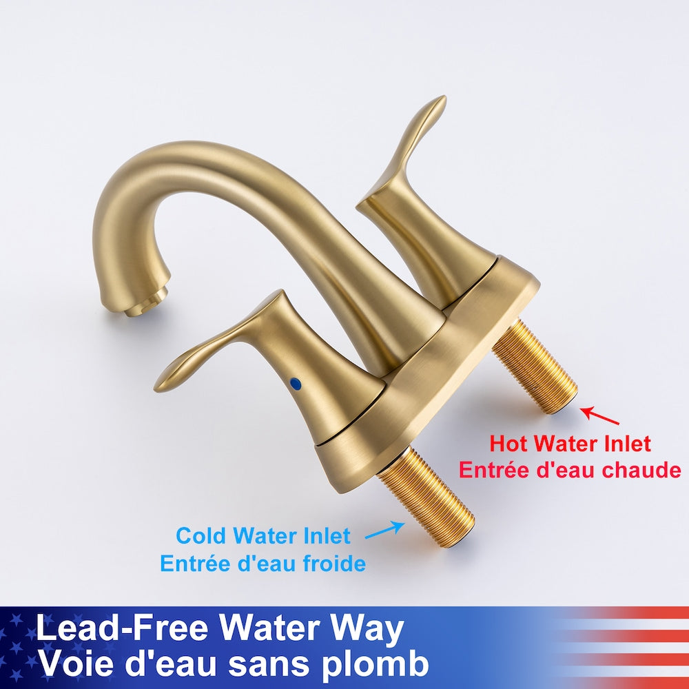 A7 Centerset Faucet 4-inch 2-Handle Bathroom Faucet with Drain Assembly in Brushed Gold