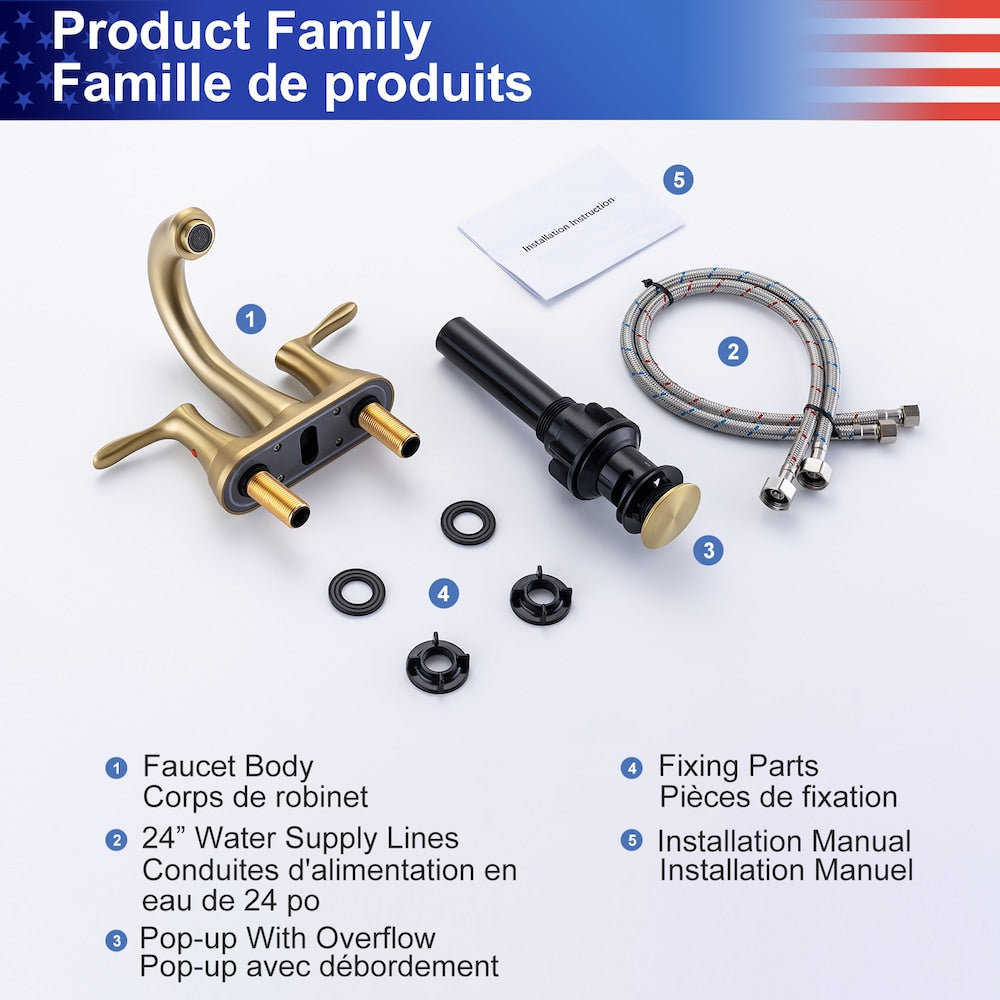 A7 Centerset Faucet 4-inch 2-Handle Bathroom Faucet with Drain Assembly in Brushed Gold