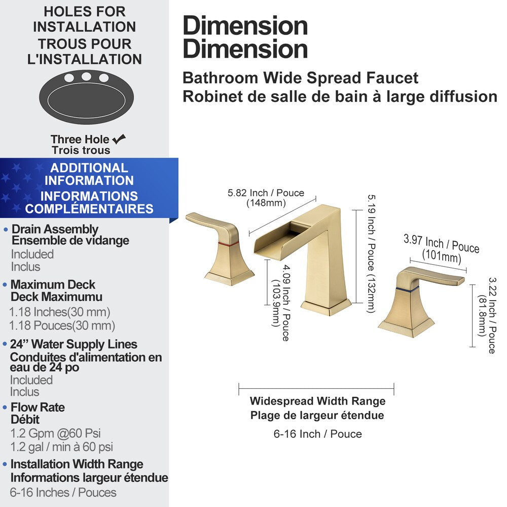 Robinet de salle de bain à 2 poignées de 8 pouces avec ensemble de vidange B2 Widespread Faucet en or brossé