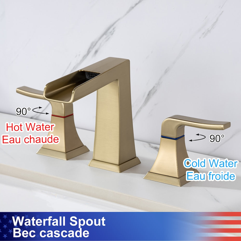 Robinet de salle de bain à 2 poignées de 8 pouces avec ensemble de vidange B2 Widespread Faucet en or brossé