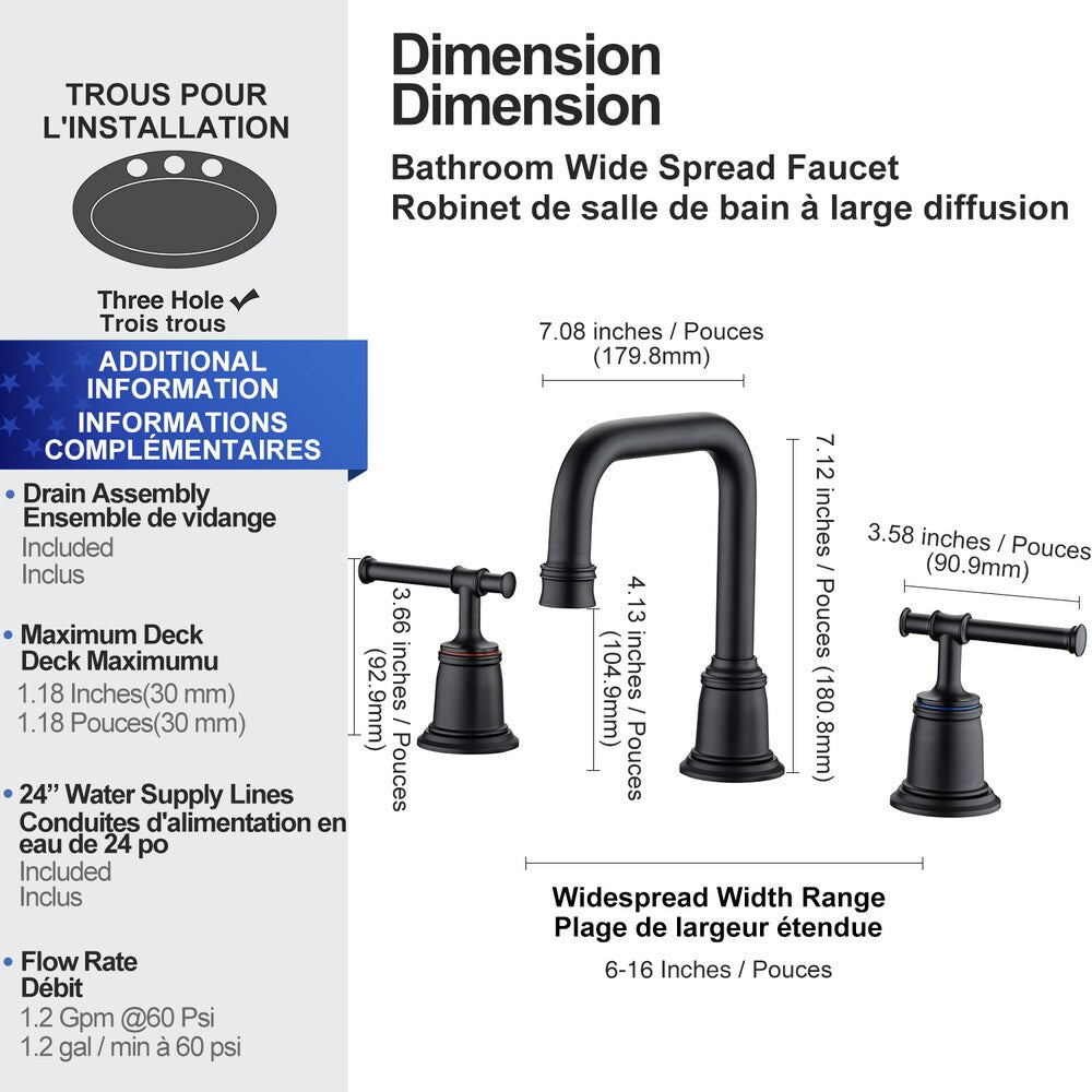 Robinet de salle de bain à 2 poignées de 8 pouces avec ensemble de vidange en noir mat B8