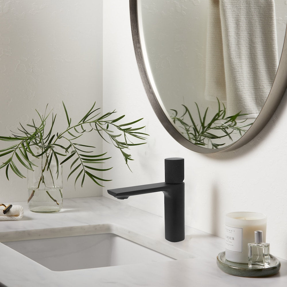 TIMELYSS Single Hole Single Handle Bathroom Faucet in Matte black with Knurl Handle