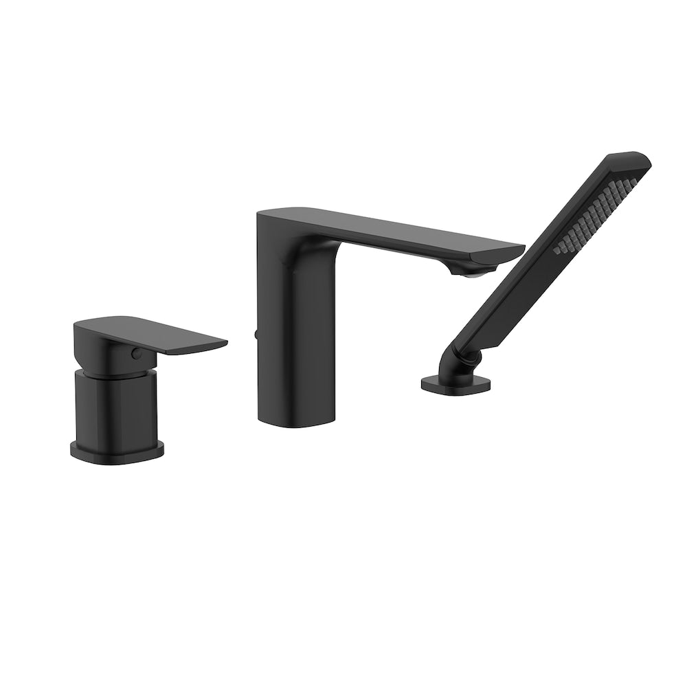 TIMELYSS 3-Hole Deck Mount Bathtub Filler with Handheld Shower in Matte black