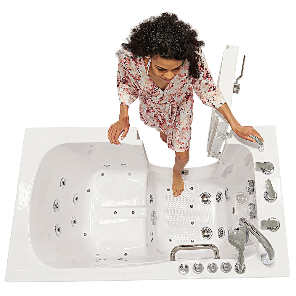Baignoire à accès direct Capri de 4 pi 4 po à double drain et bain à remous avec siège chauffant en blanc